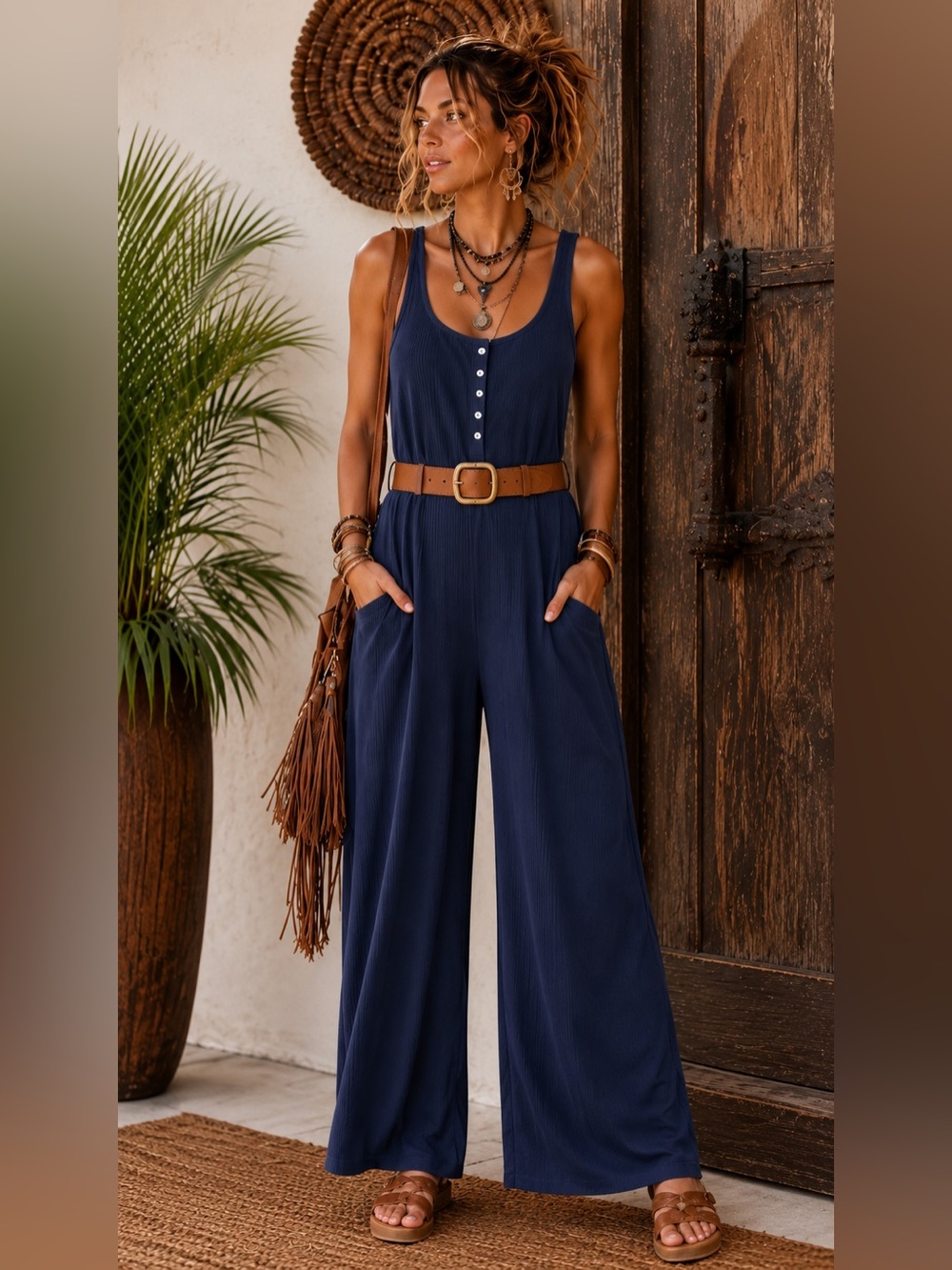 🤎 Old Navy Ribbed Wide Leg Jumpsuit | Boho Lounge One-Piece | Navy | no pockets - Picture 3 of 11